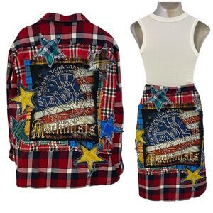 Upcycled Flannel Shirt Shacket Womens 3XL Machinist Grunge Patchwork Folk Art